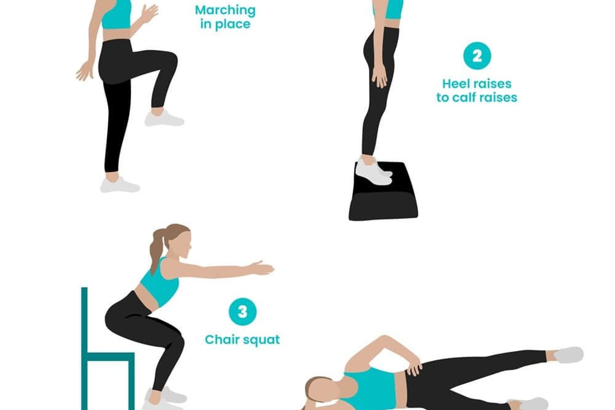 Infographic showing six low-impact exercises for seniors in turquoise and black