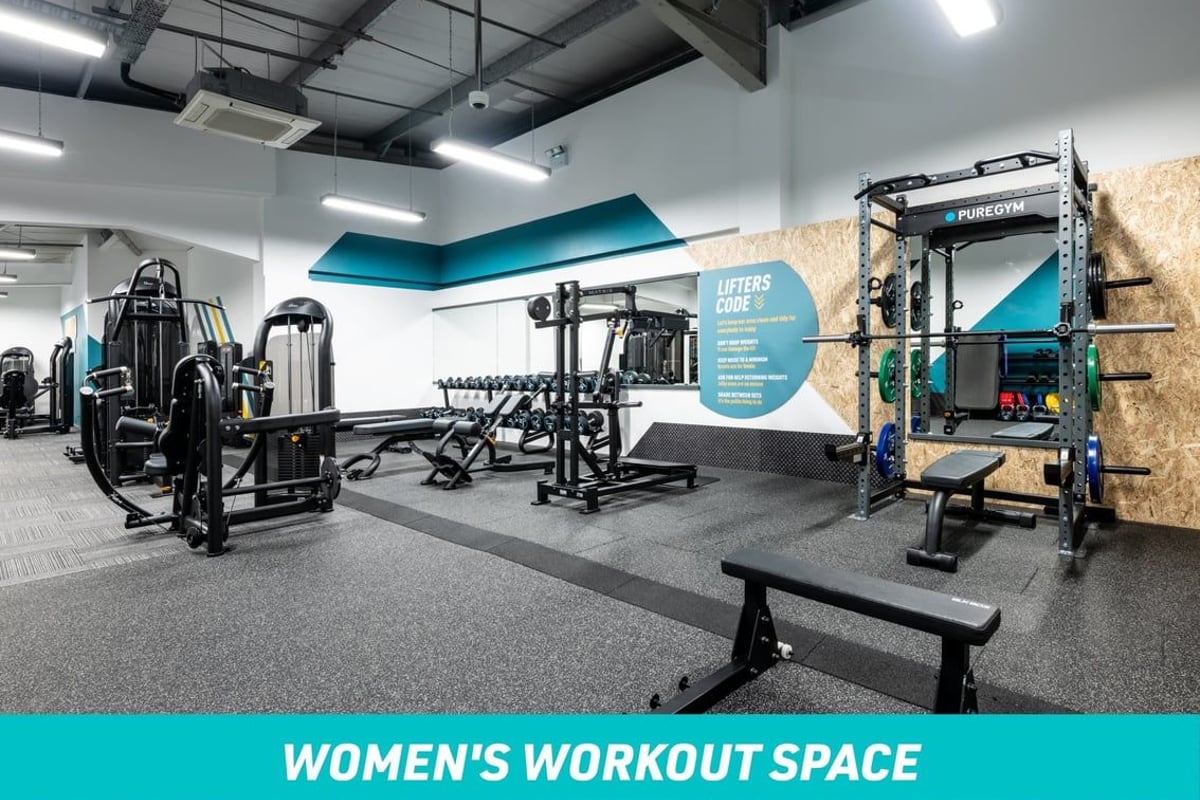 PureGym Liverpool Brunswick Women's Workout Space: squat rack, dumbbells, fixed pin machines