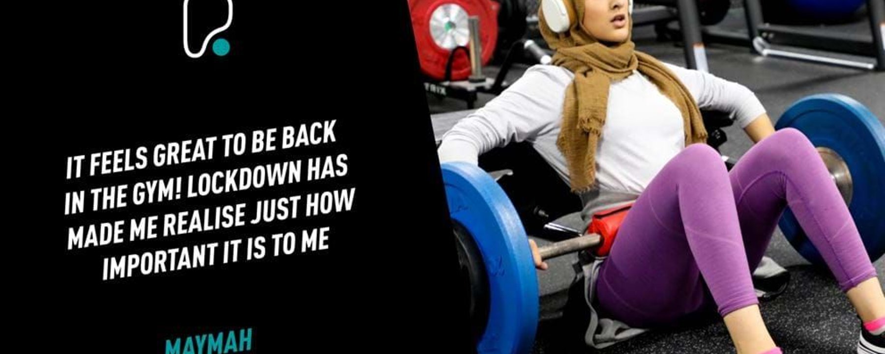 Woman in hijab lifting weights in gym with motivational text on left side