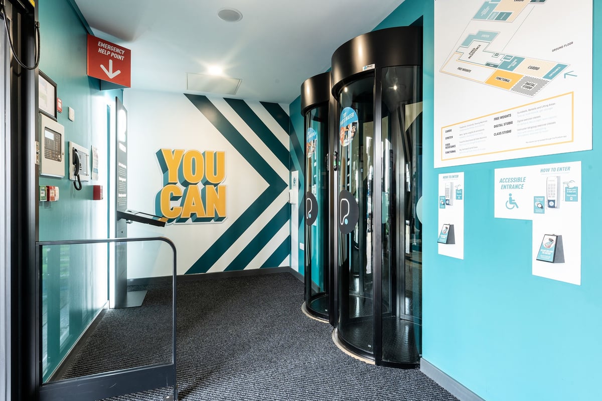 PureGym Torquay Bridge Retail Park: entry pods and disabled access door