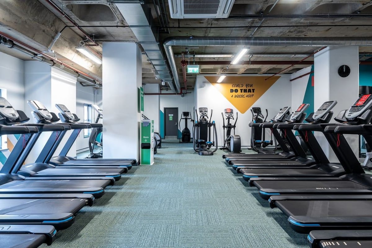 PureGym Maidstone The Mall: Rows of treadmills, exposed ducting, blue and gold motivational signage in modern gym facility.