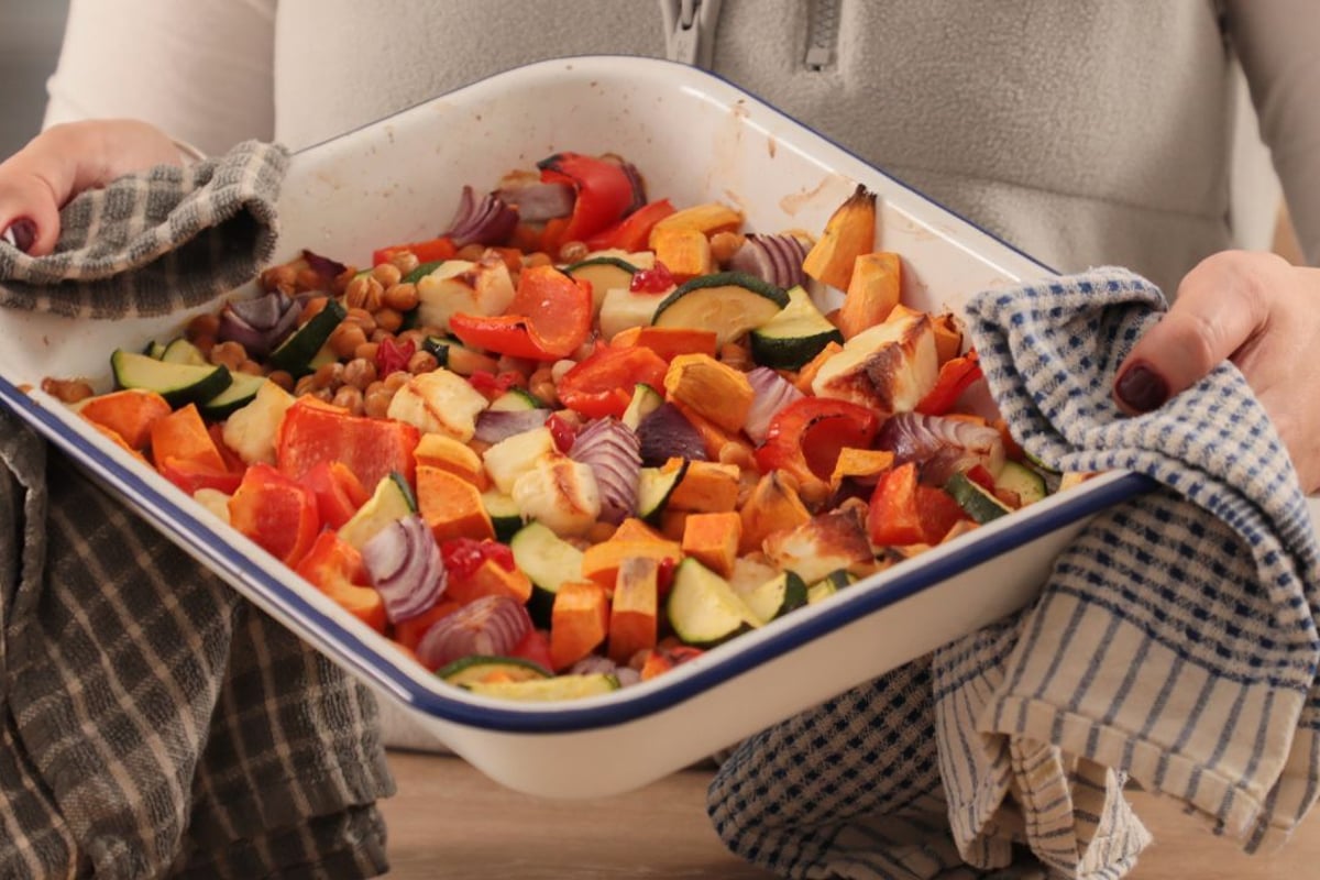 Hot Honey Halloumi, Chickpea and Vegetable Traybake