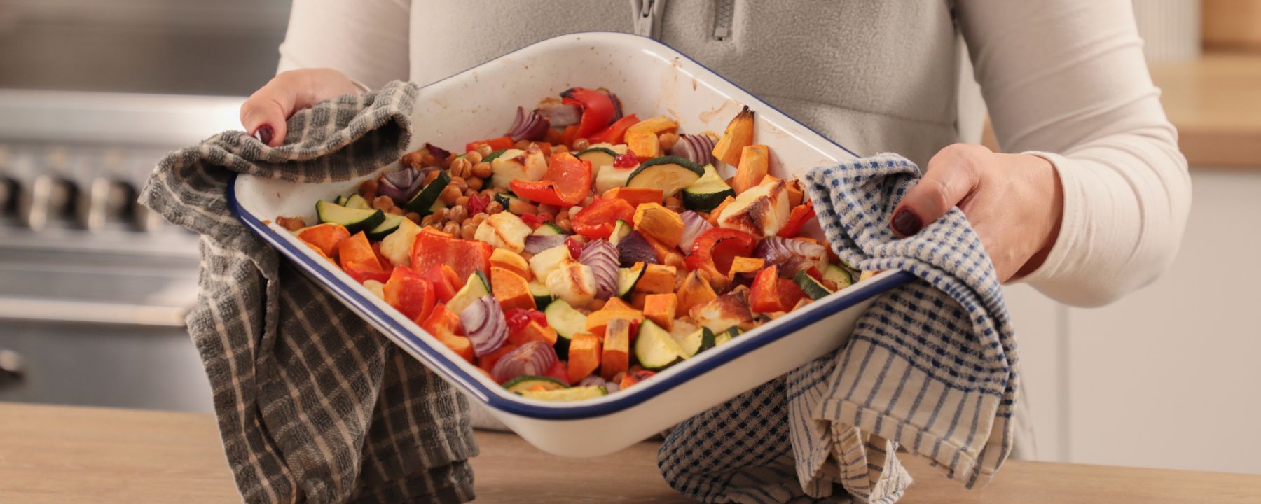 Hot Honey Halloumi, Chickpea and Vegetable Traybake