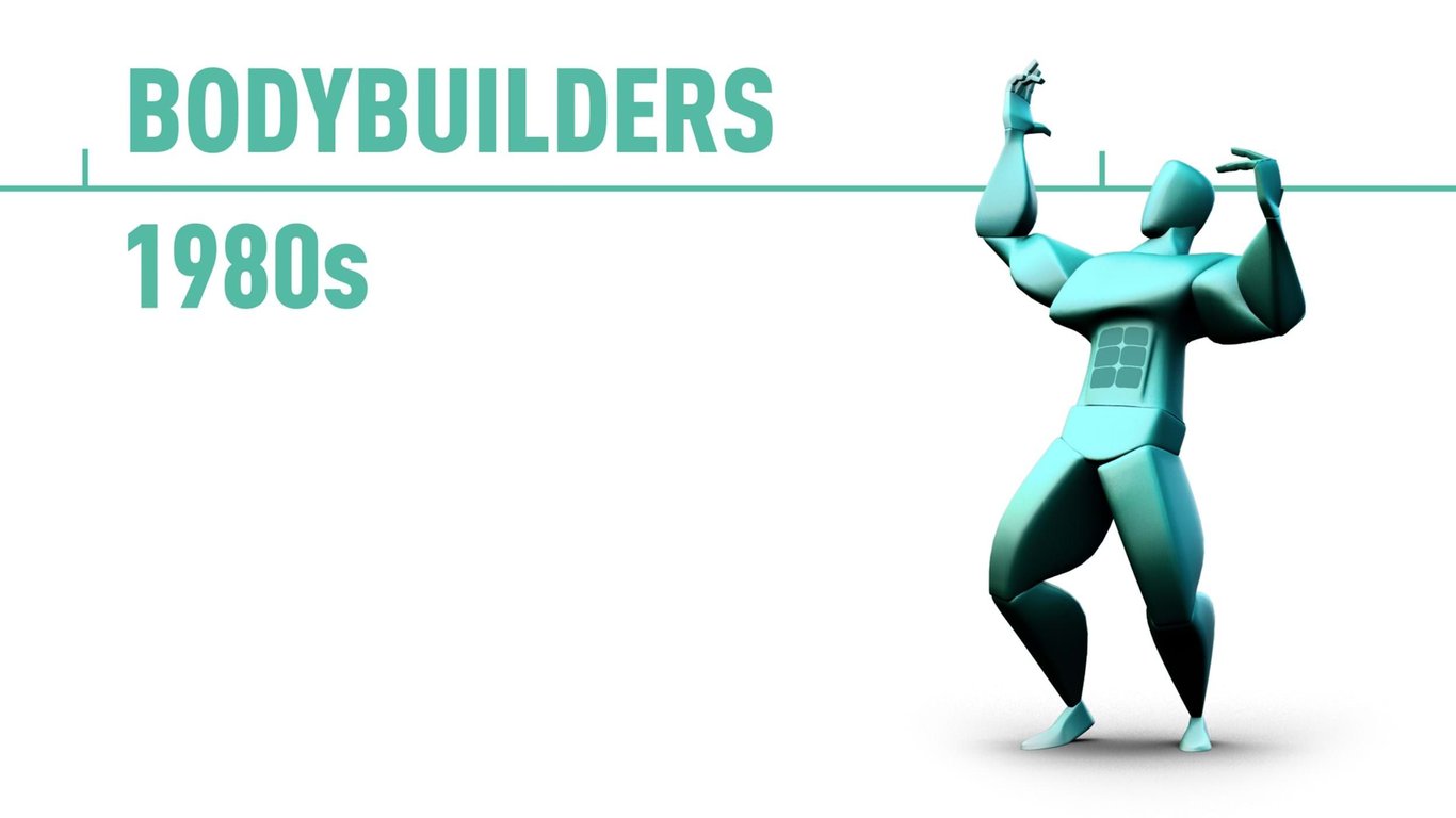 Stylised muscular figure posing under the text Bodybuilders 1980s in teal letters