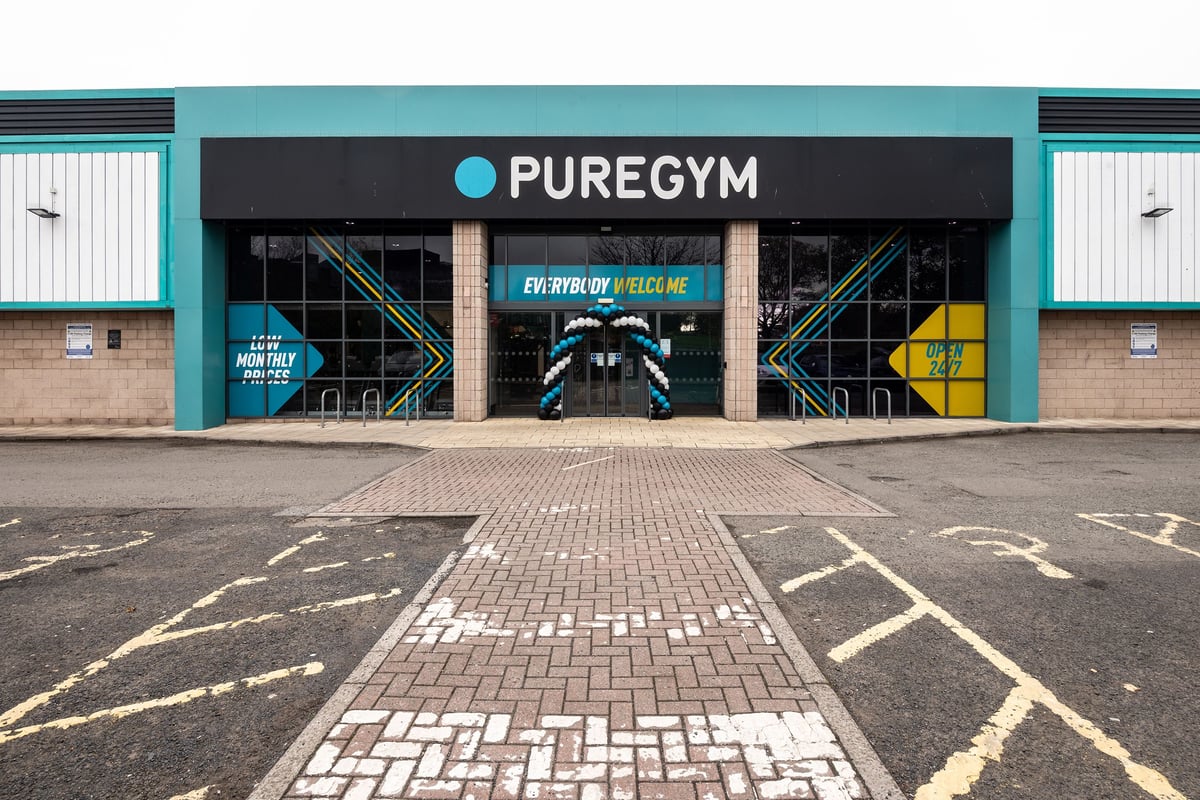 PureGym Dunfermline: Exterior of a gym facility with branding and signage visible.