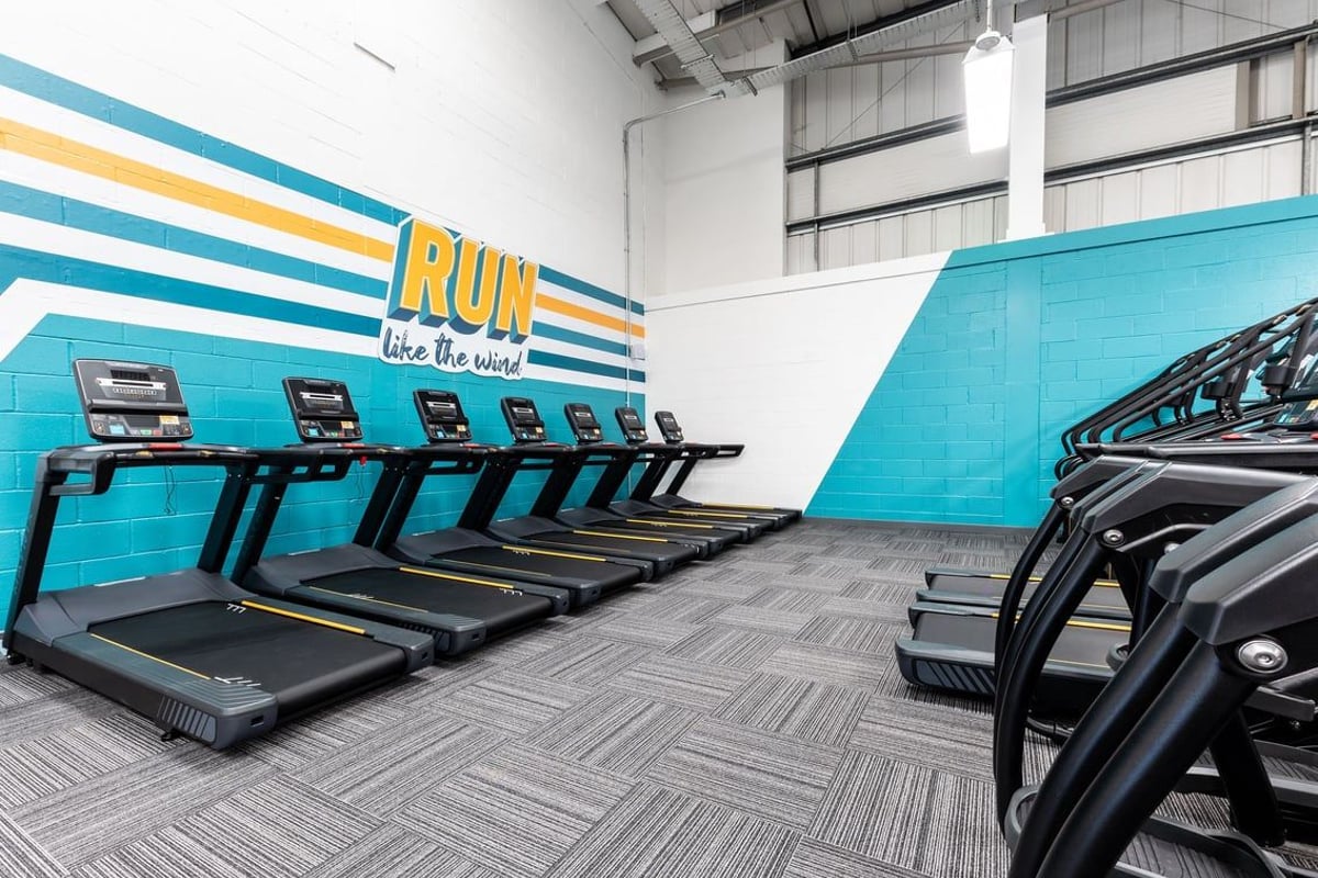 PureGym Dagenham: Rows of treadmills alongside colourful striped wall branding reading "RUN like a boss".