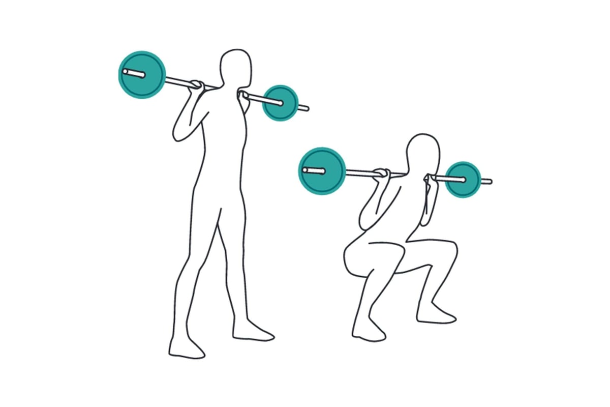 Two figures performing barbell squats, one standing and one squatting down.