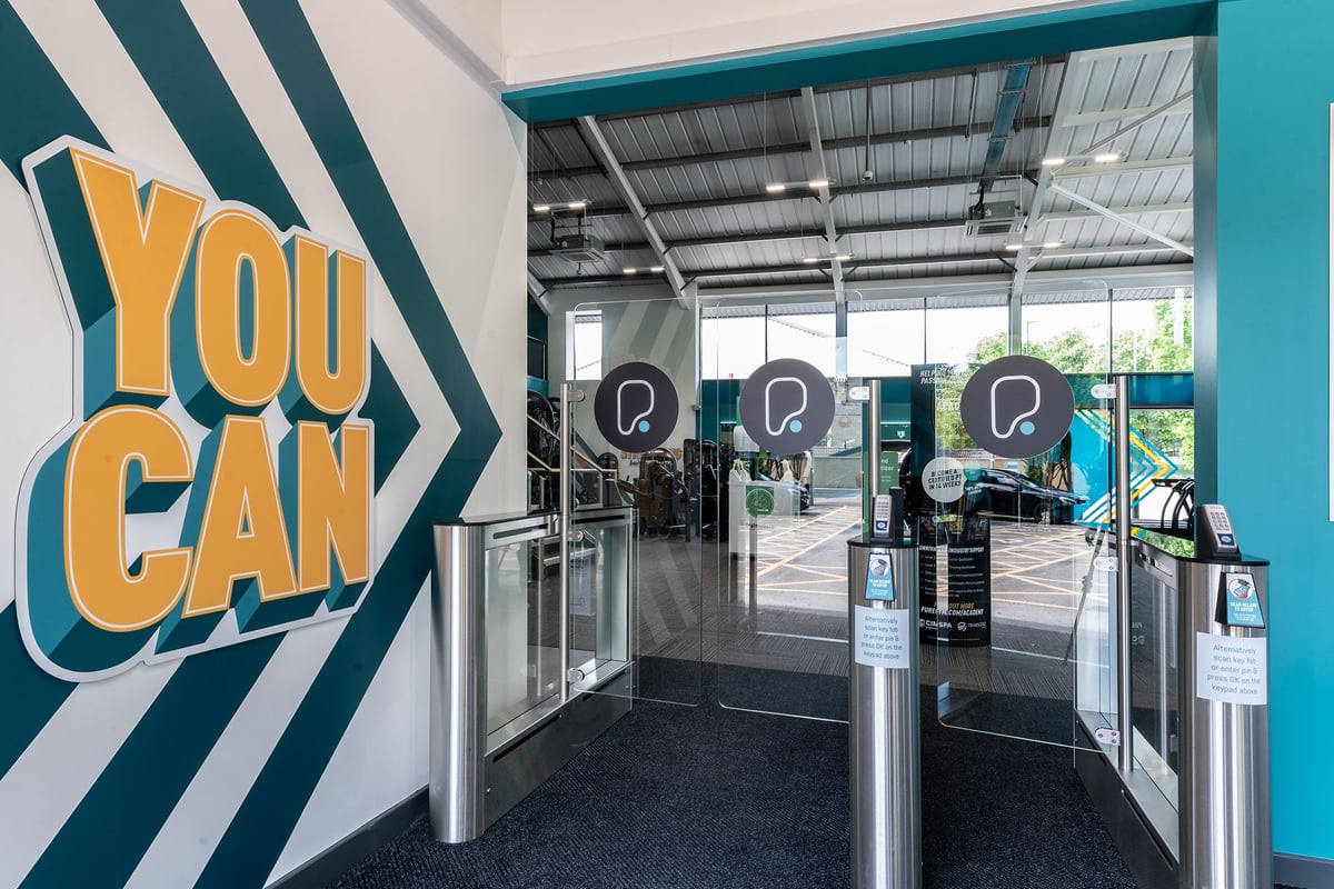 PureGym Bath Victoria Park: You Can fitness studio entrance with glass doors and teal branding.