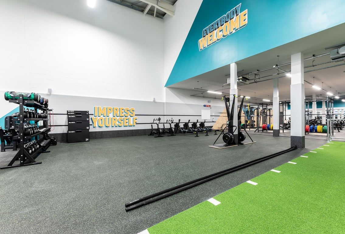PureGym Maidenhead: Weightlifting rig, dumbbells, barbells, benches, turf area, mirrored wall in fitness centre.