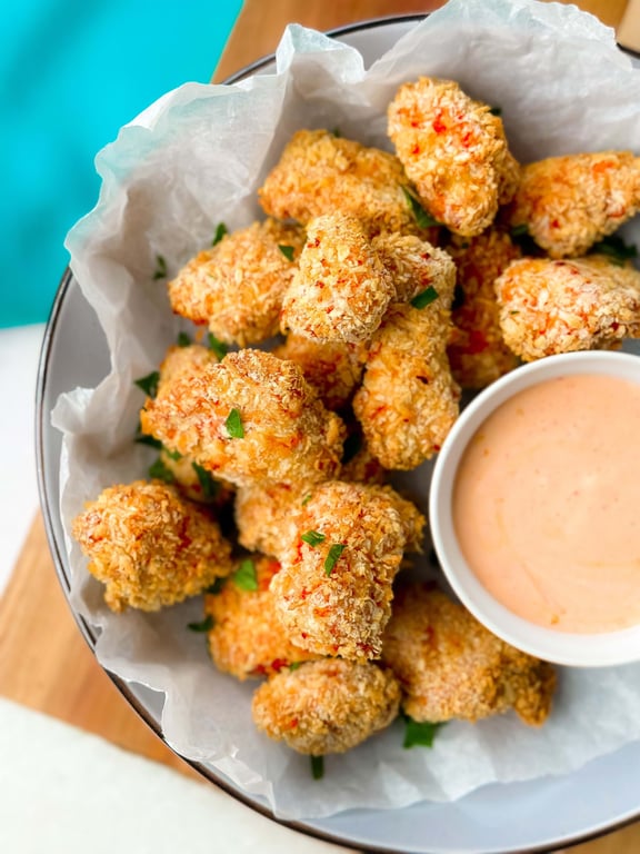 Crispy breaded chicken bites garnished with herbs served with creamy dipping sauce