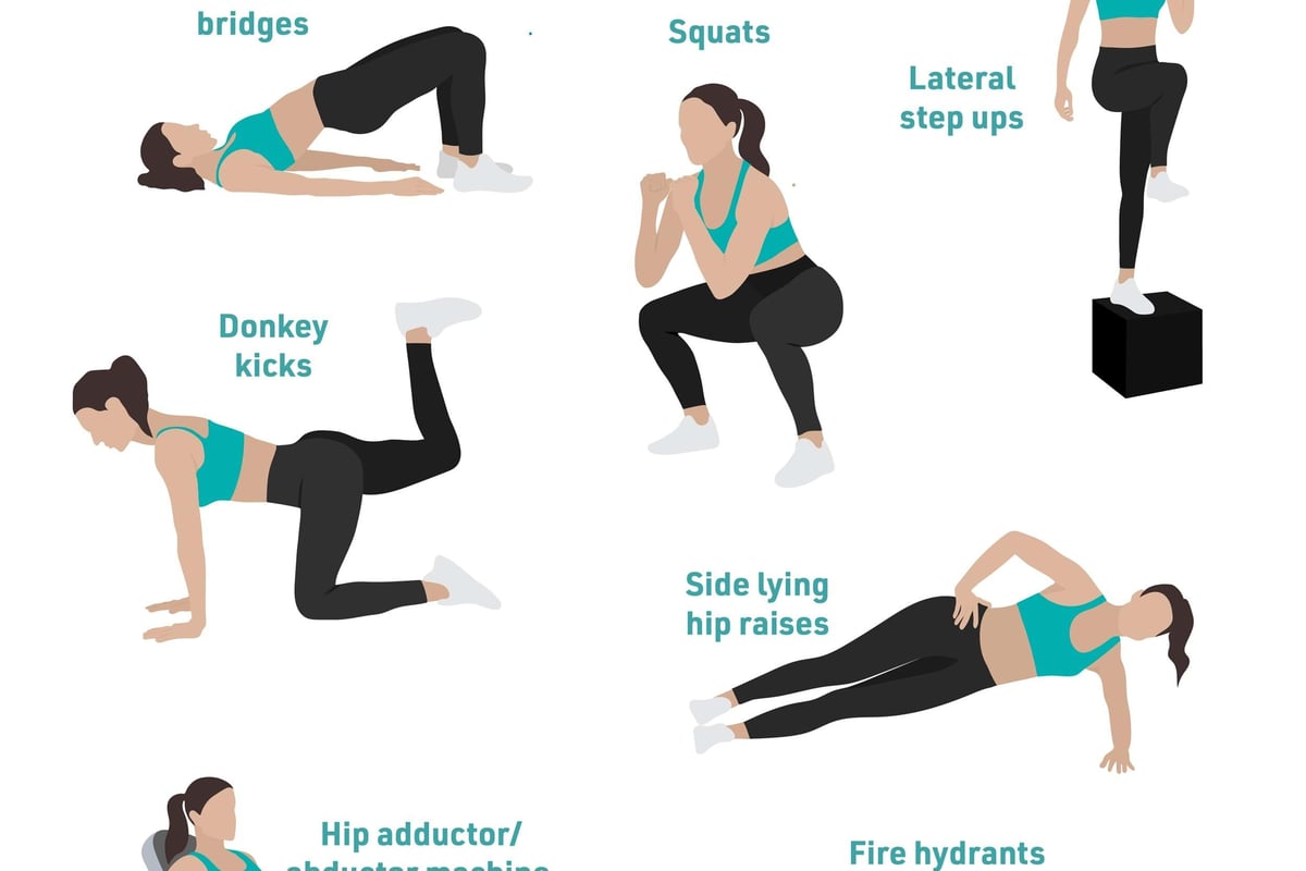 Woman demonstrating seven hip strengthening exercises including squats and fire hydrants.