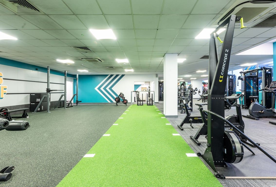 PureGym Purley: Resistance machines, turf area, free weights, mirrors along walls, rubberized flooring.