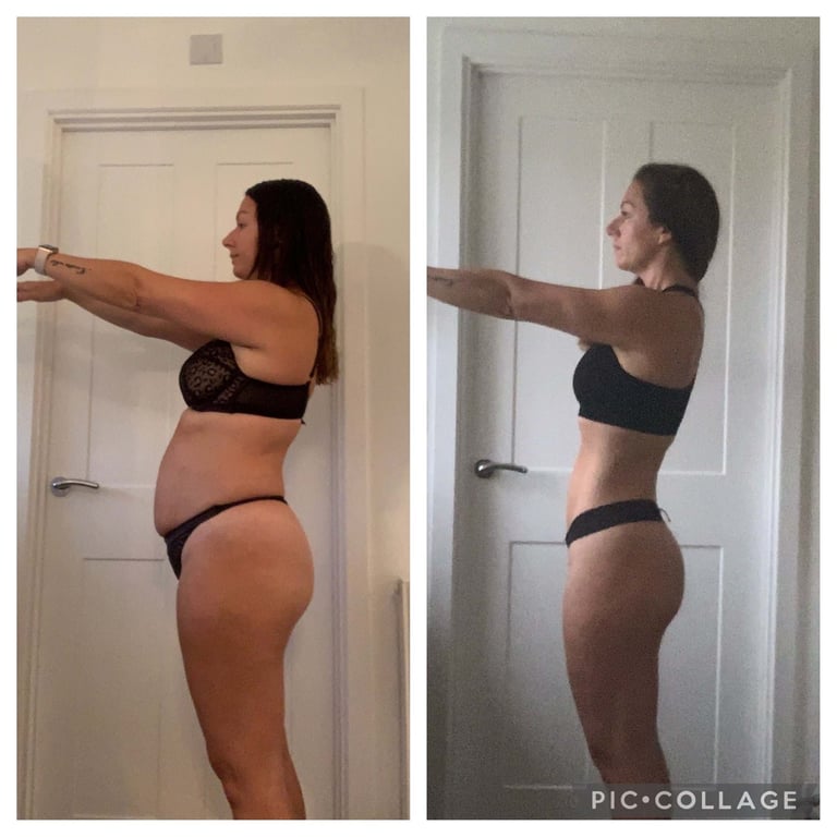 Woman in black underwear standing sideways with arms extended in front of a white door