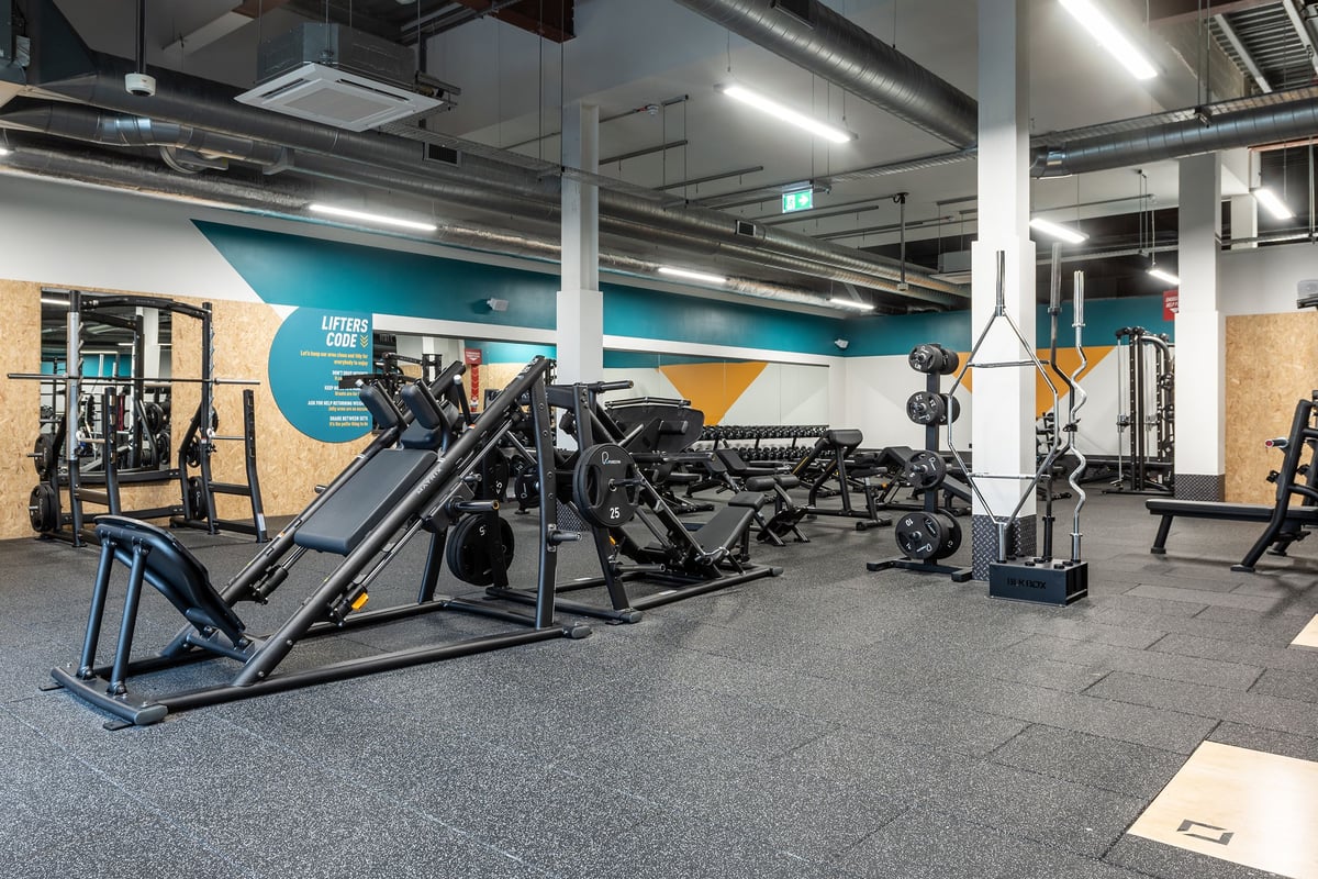 PureGym Craigavon: Gym floor with weight machines, squat racks, benches, free weights, and rubberized flooring.