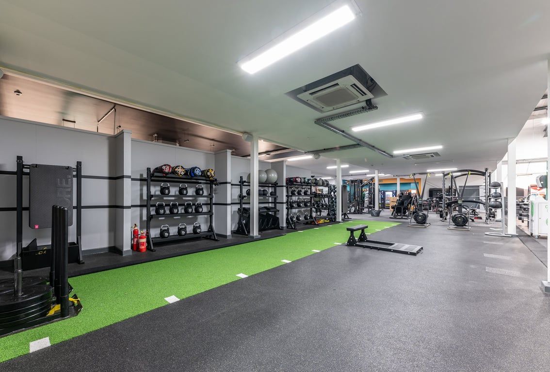 PureGym West Thurrock: Squat racks, weight plate racks, benches, green turf area, rubberized floors in a bright gym space.