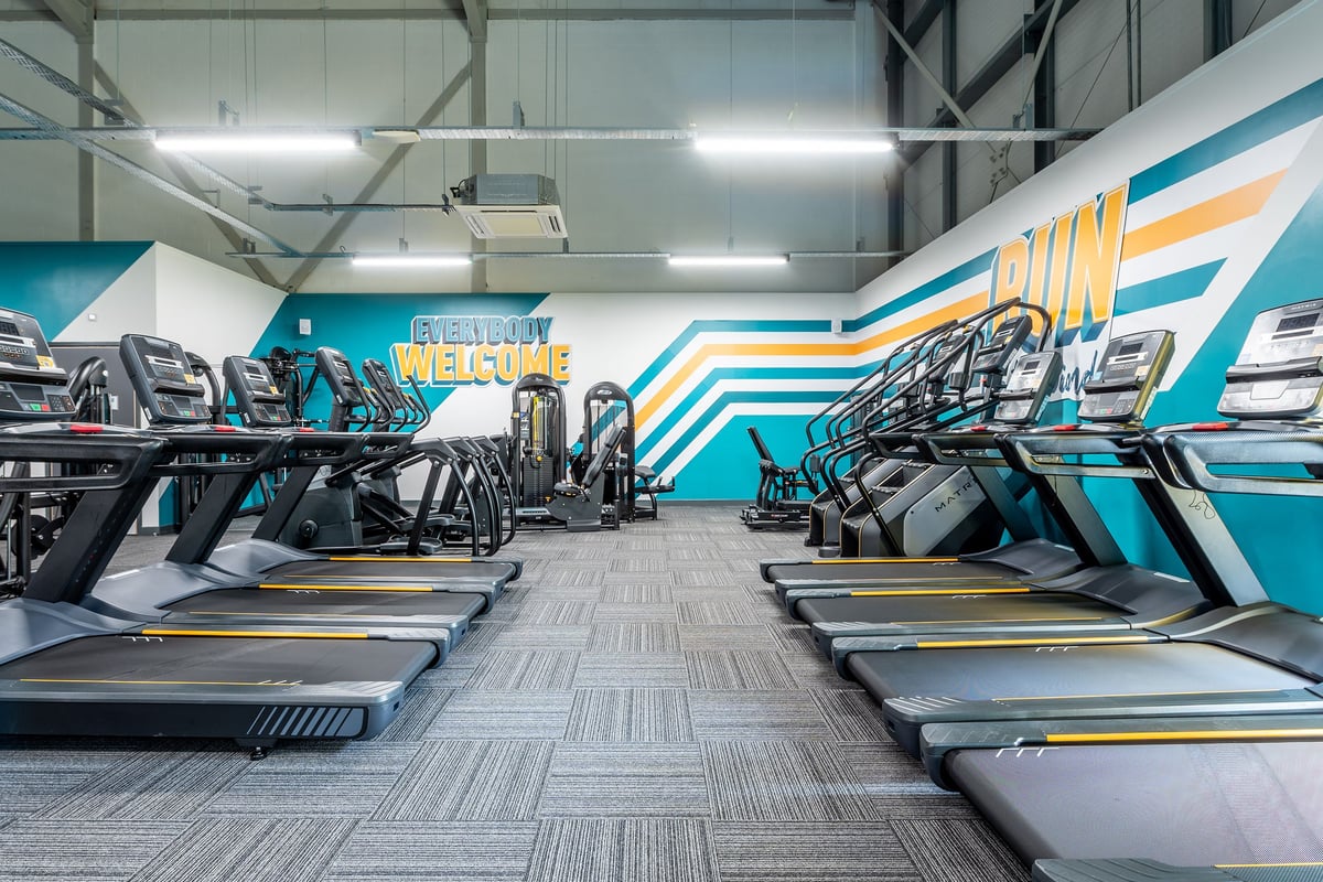 PureGym Sudbury: Rows of treadmills, geometric mural on wall, mirrored surfaces, industrial-style fitness studio.