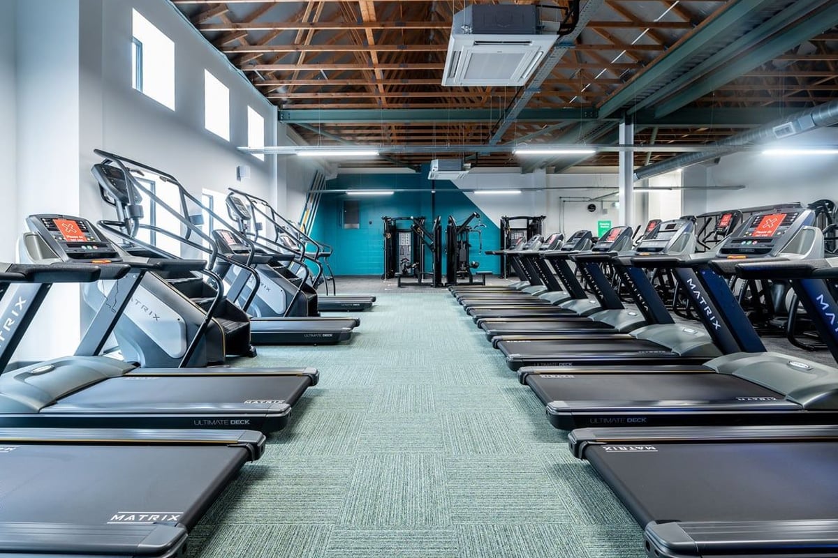 PureGym Chelmsford Meadows: Rows of treadmills neatly lined up in a gym with exposed ceiling beams and turquoise accents.