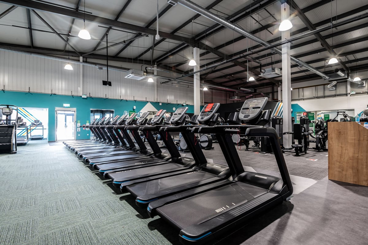 PureGym Swindon Stratton: Rows of treadmills and other cardio equipment in a well-lit gym interior.