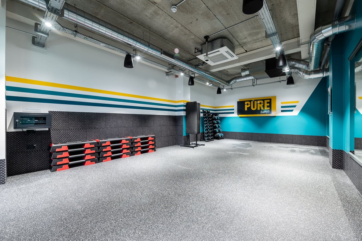 PureGym Brentwood: Resistance machines, free weights stands, cushioned floor in a studio with bold colour stripes.