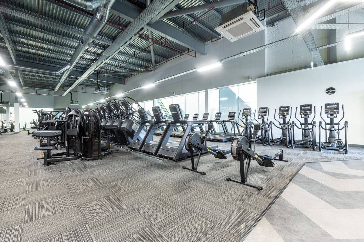 PureGym Peterborough Serpentine Green Shopping Centre: Rows of treadmills and ellipticals inside a well-lit gym space.