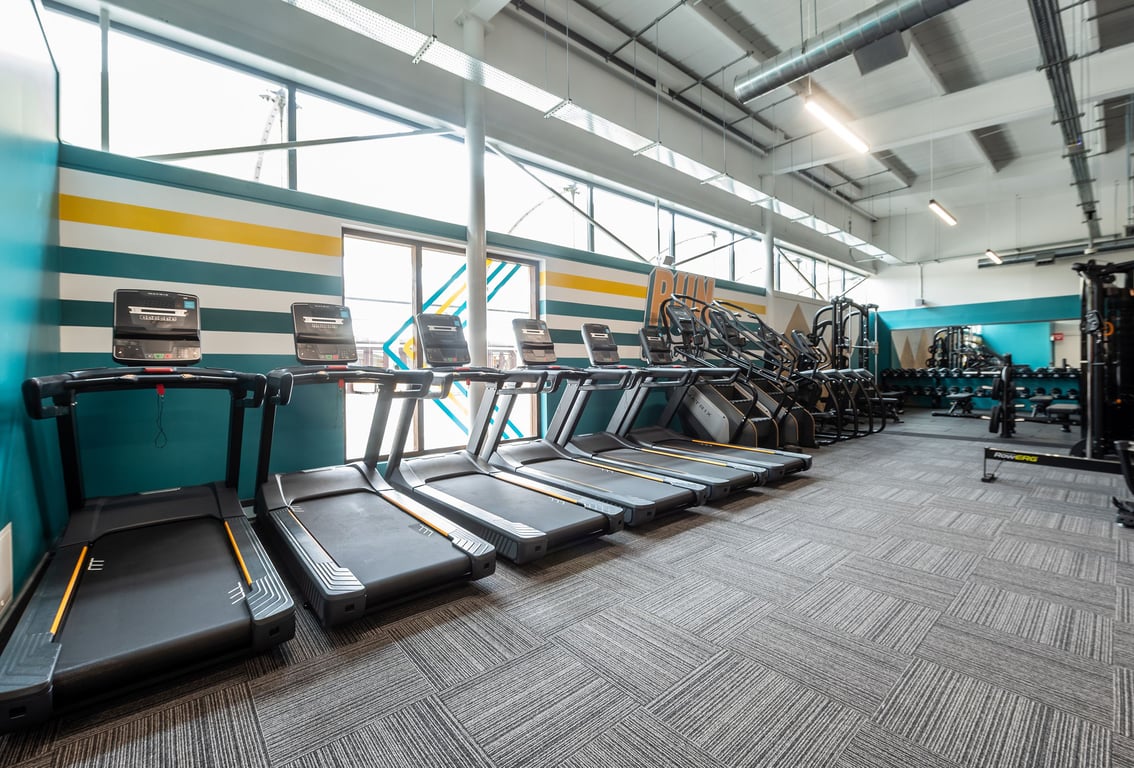 PureGym Bideford: Rows of treadmills and exercise bikes in a gym setting with colourful wall graphics.