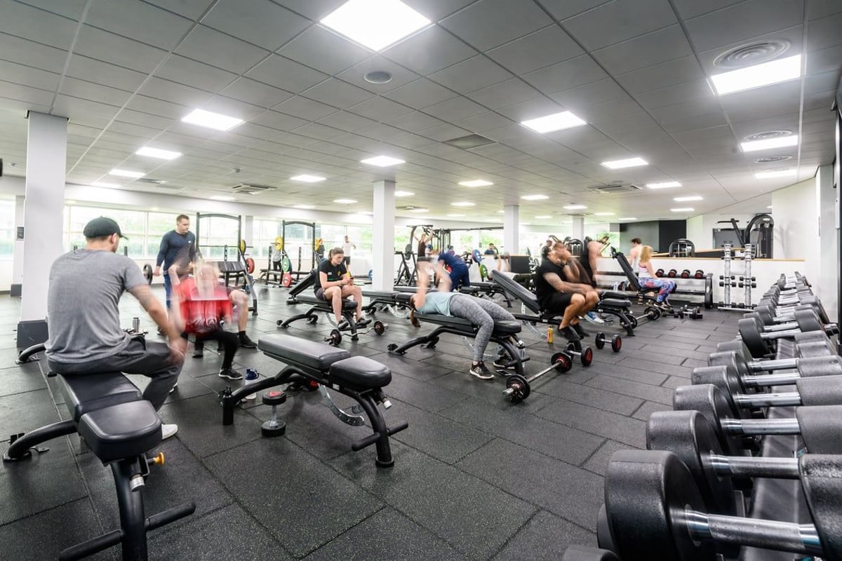 PureGym Newcastle Longbenton: Rows of treadmills, weight benches, dumbbells, and cardio machines in a well-lit gym interior.