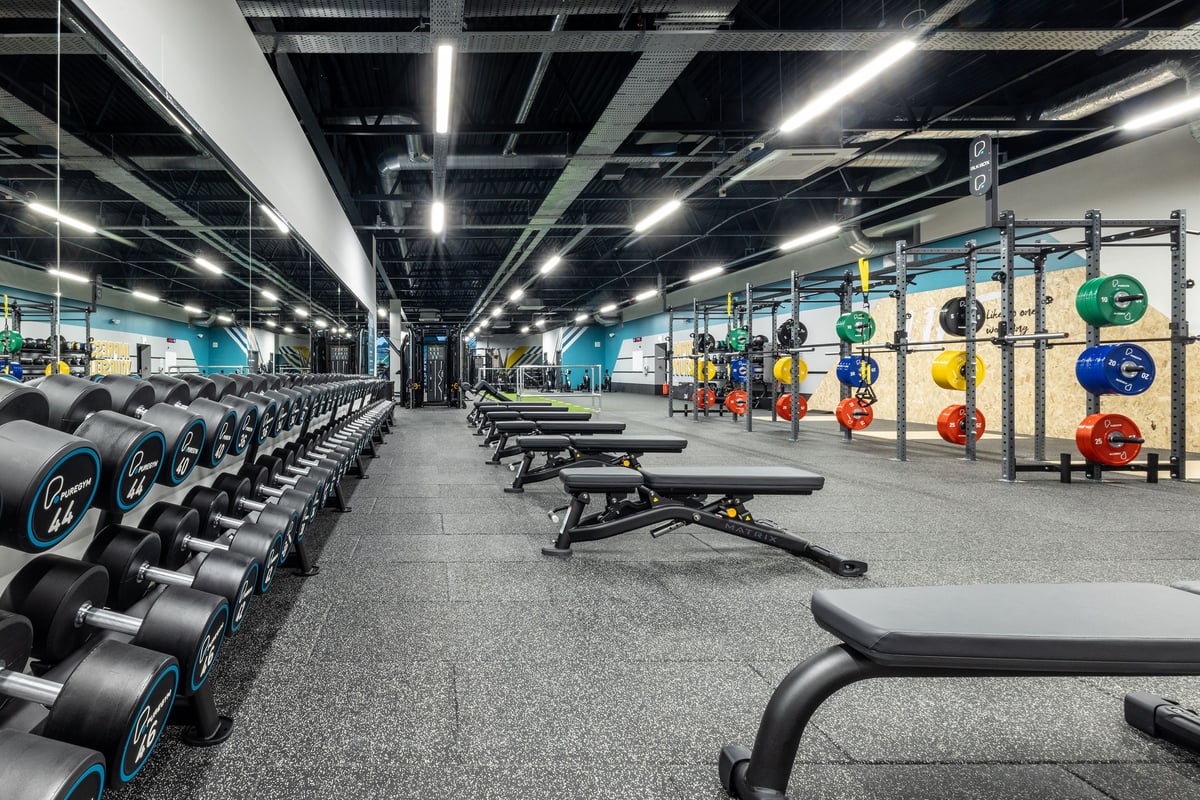 PureGym Washington: Rows of dumbbell racks, weight benches, barbells, medicine balls, and weight plate storage racks.