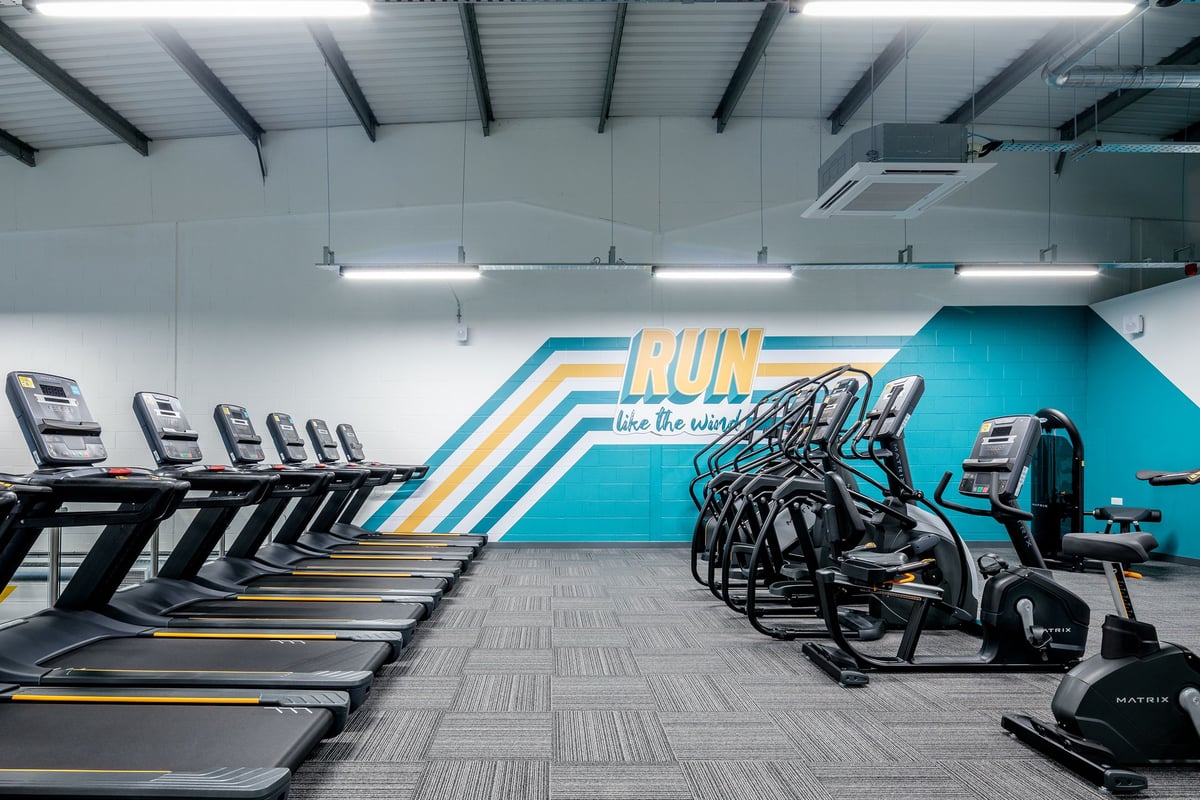PureGym Frome: Rows of treadmills, exercise bikes, graffiti mural on wall, industrial style ceiling.