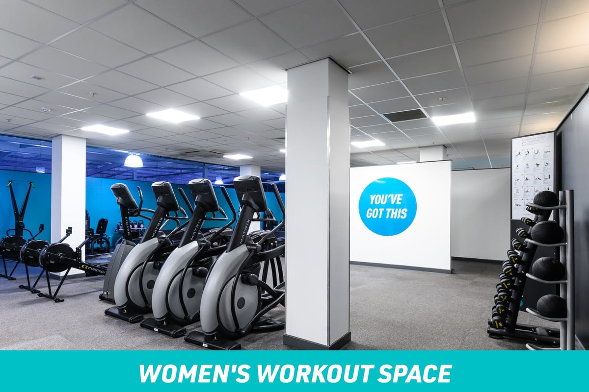PureGym Glasgow Shawlands: Women's workout space with cardio machines and a "You've got this" sign on the wall