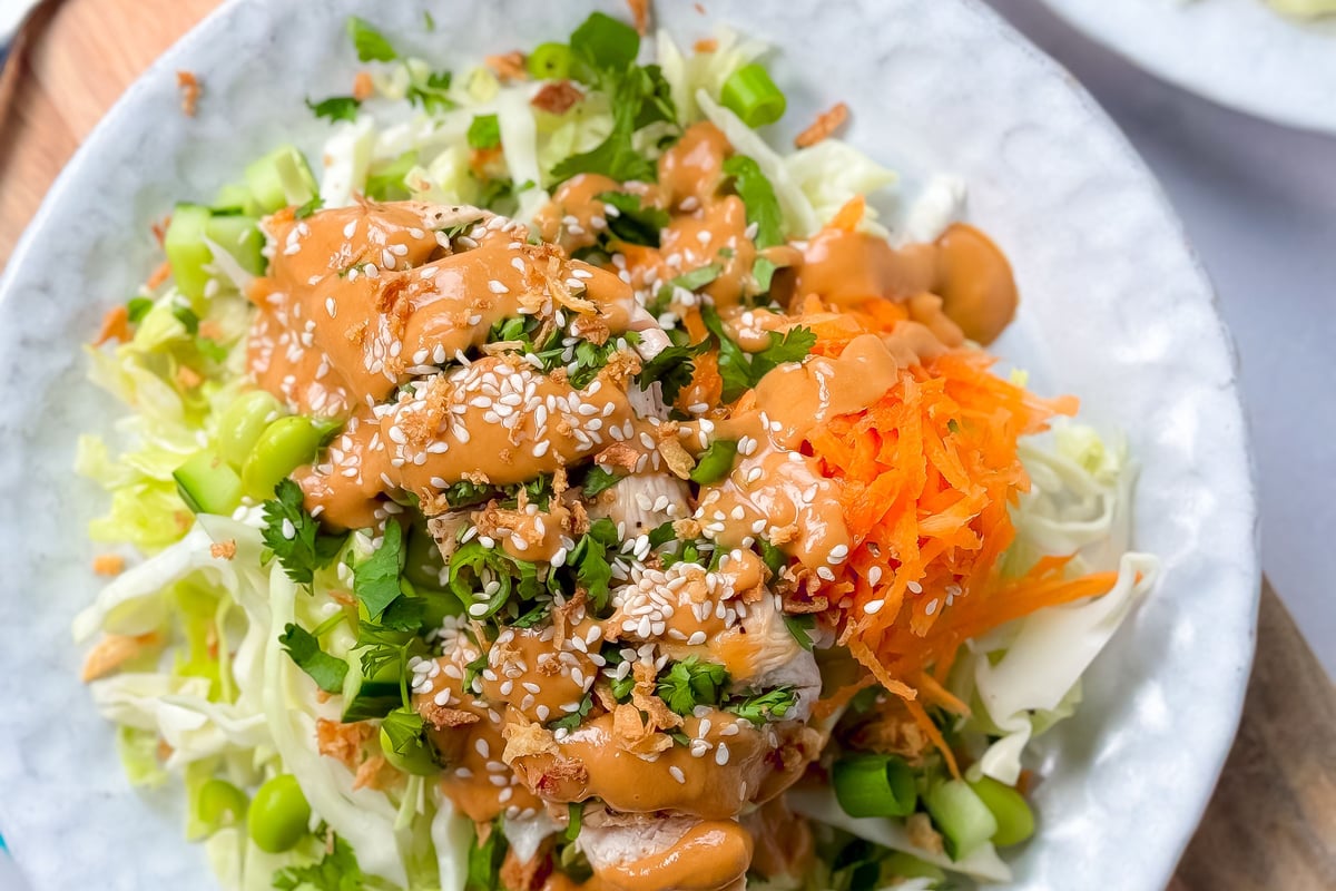 Salad with shredded cabbage, carrots, green onions, chicken, sesame seeds, and peanut sauce
