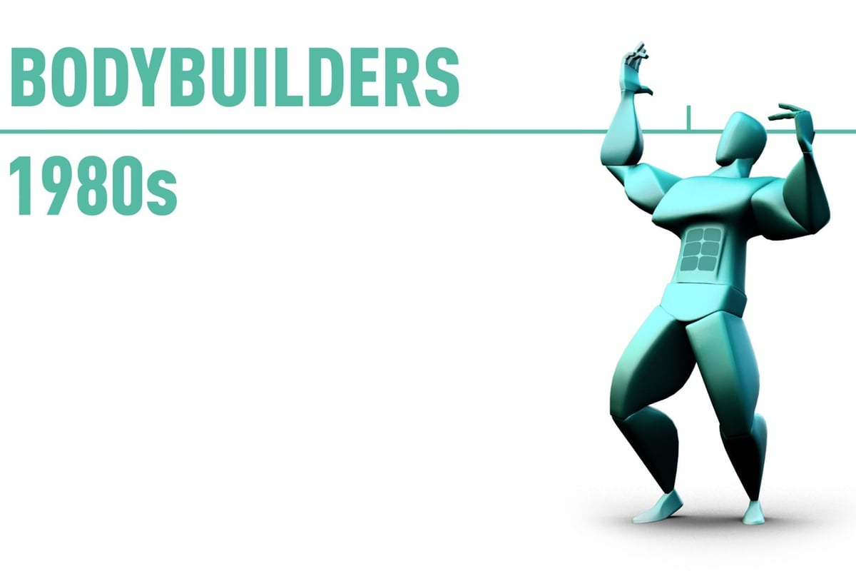 Stylised muscular figure posing under the text Bodybuilders 1980s in teal letters