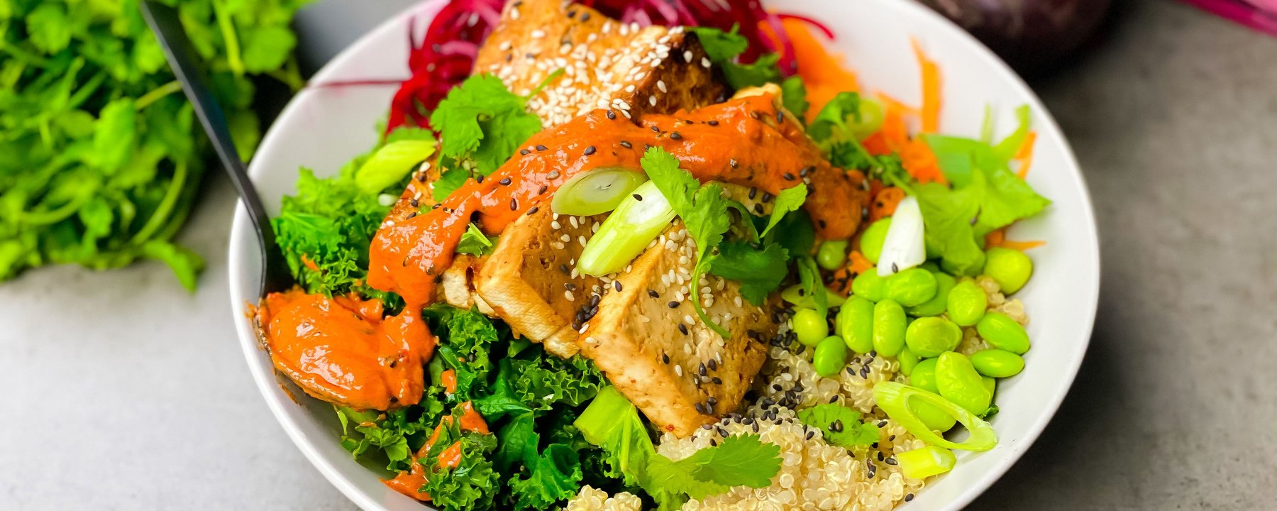 Bowl of quinoa topped with glazed tofu, edamame, kale, beetroot and spring onion