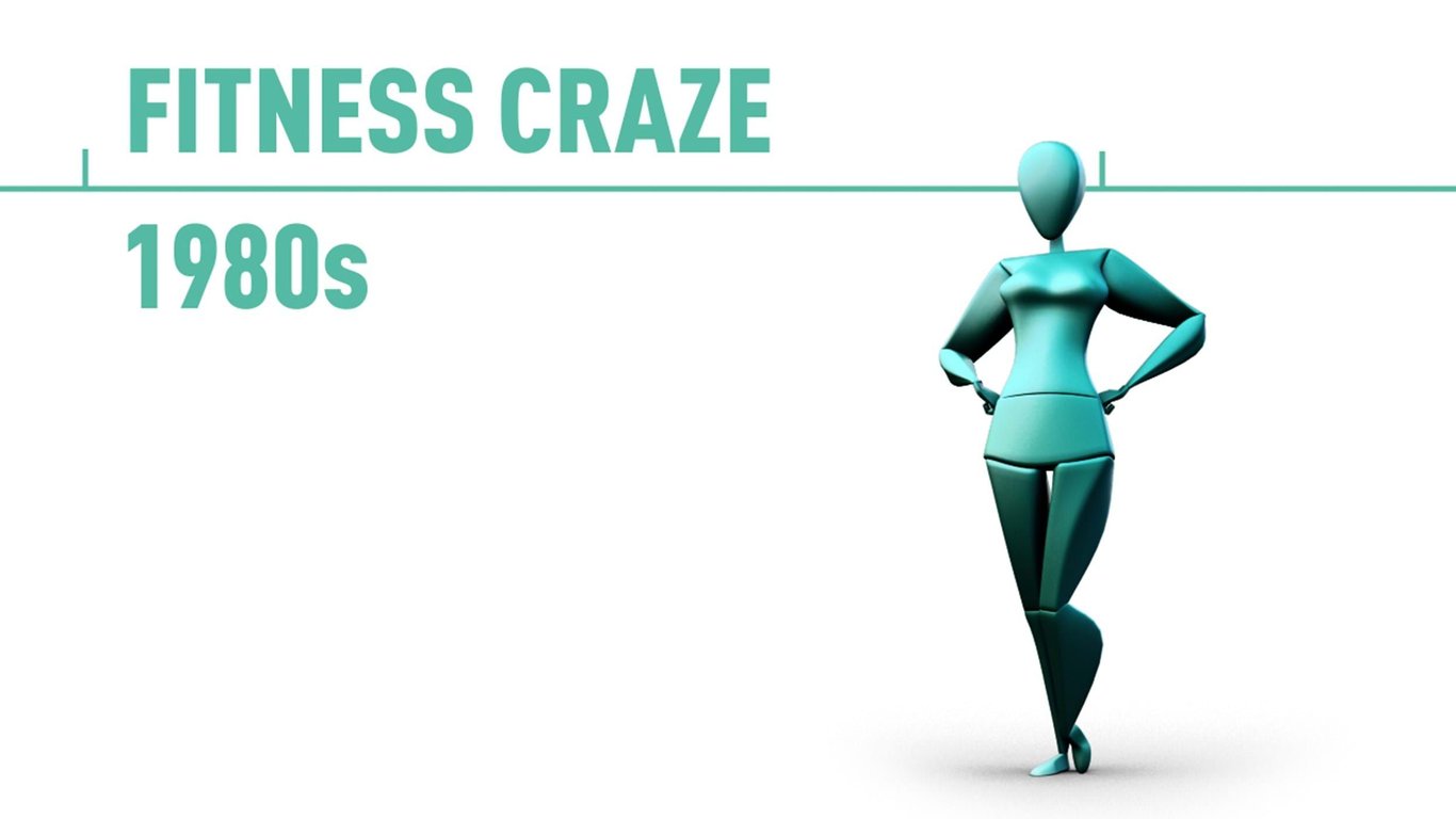 Stylised figure standing with hands on hips next to text reading Fitness Craze 1980s