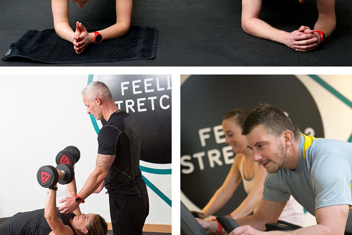 Two people planking, a woman lifting dumbbells with a trainer, and two people cycling indo