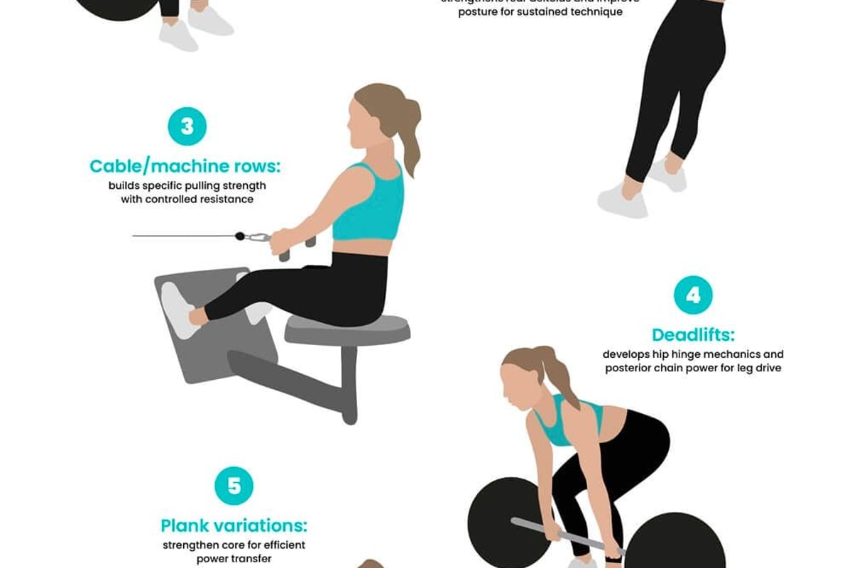 Woman in sportswear demonstrating six rowing exercises with barbells and cables
