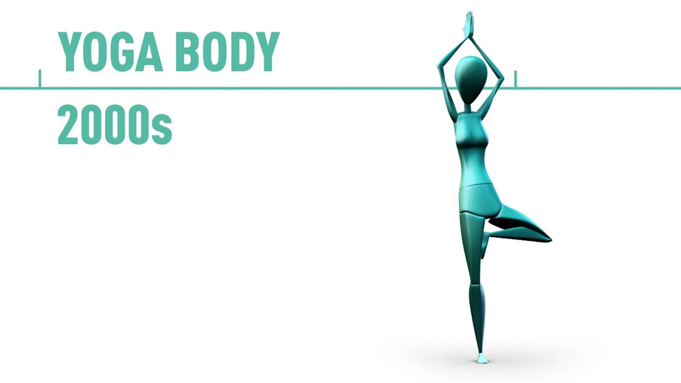 Stylised figure in tree yoga pose with text Yoga Body 2000s on white background