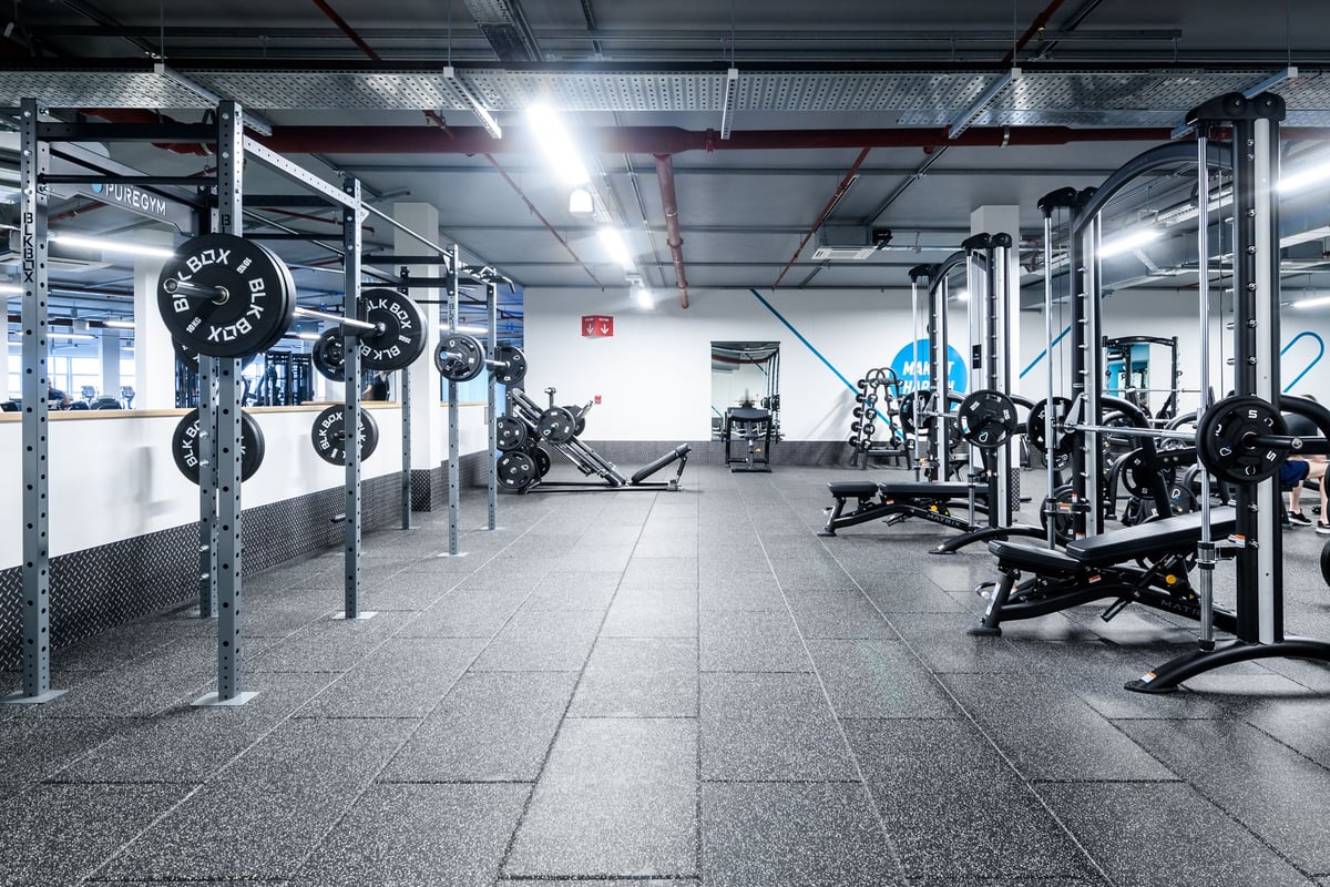 PureGym Basildon: Squat racks, weight plates, benches, and rubberized flooring in a gym setting.
