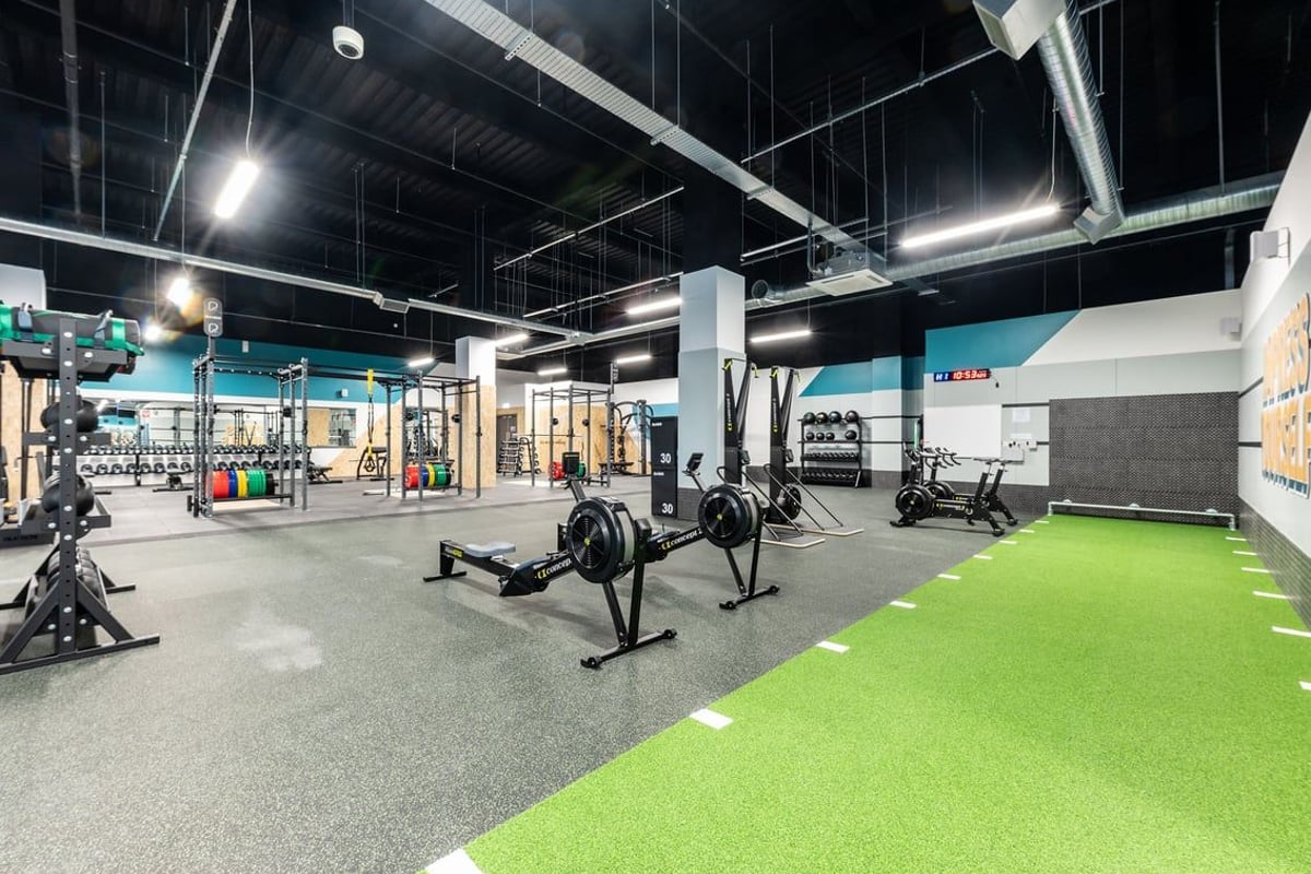 PureGym Hatfield: Squat racks, barbells, weight plates, mirrored walls, green turf area, and exposed ceiling ducts.