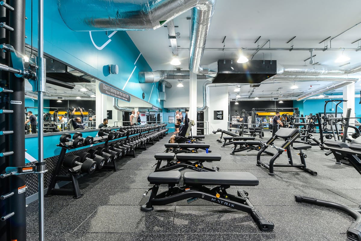 PureGym Bath Spring Wharf: Rows of benches, free weights, resistance machines, and rubberized flooring in teal-colored gym.
