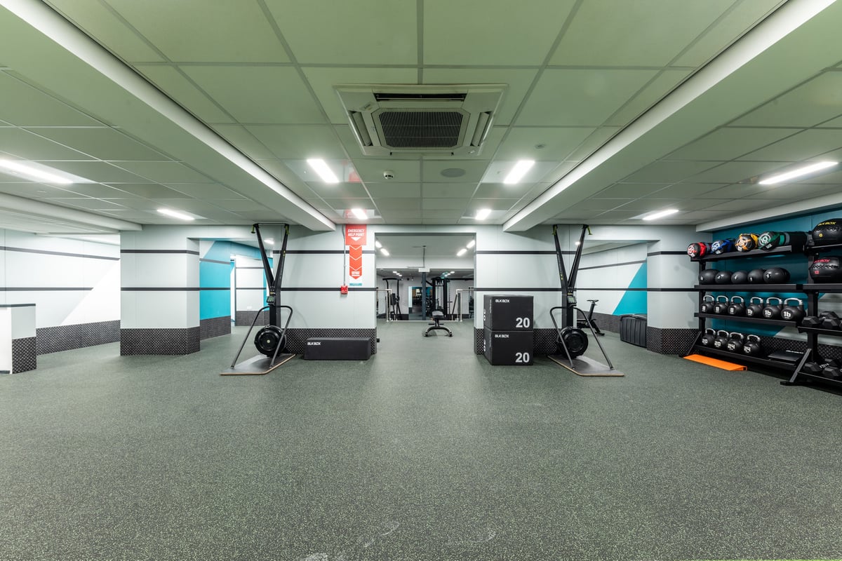 PureGym London Muswell Hill: Mirrored wall, rubberized flooring, squat racks, plate-loaded machines, and dumbbell racks.