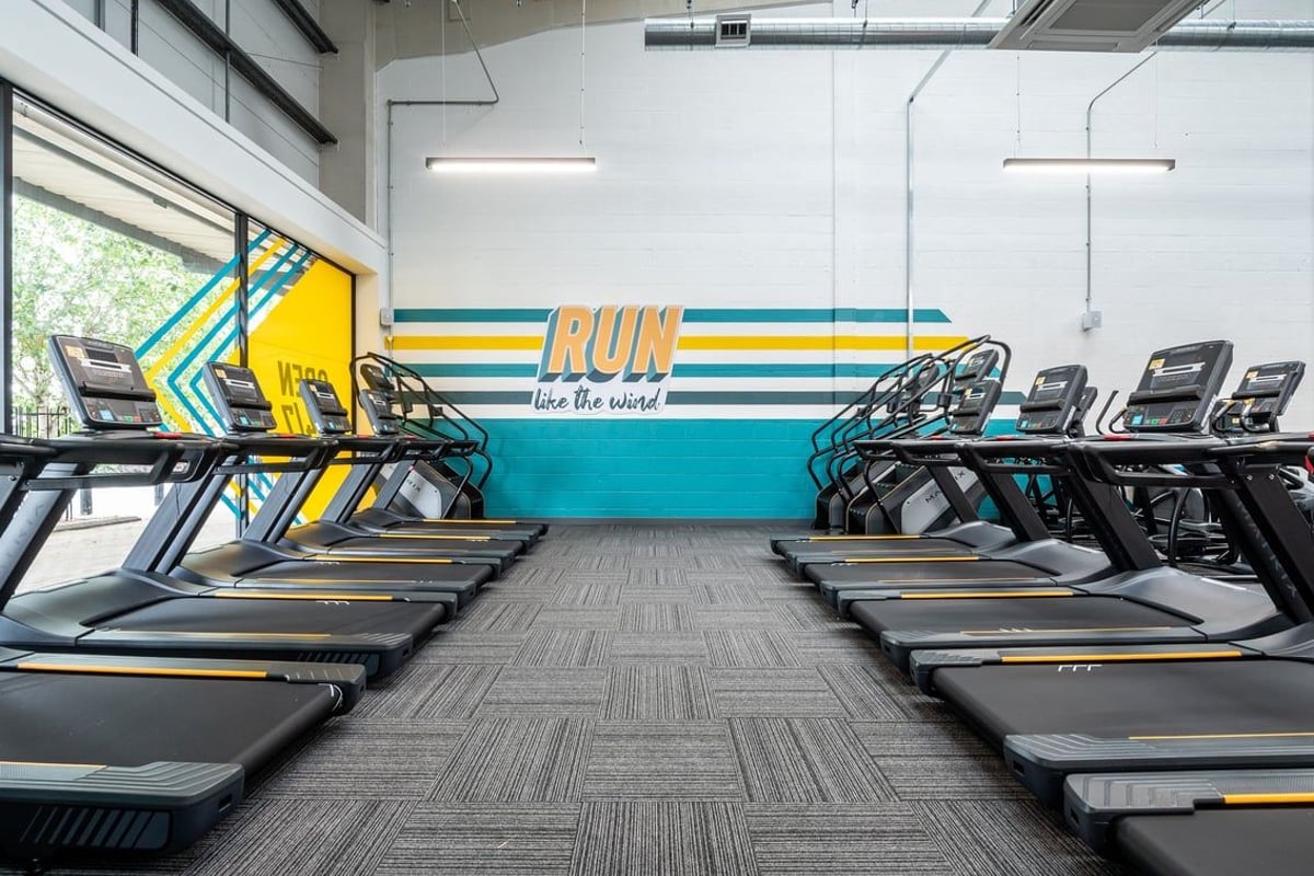 PureGym Thamesmead: Rows of treadmills in a colourful gym with motivational wall graphics.