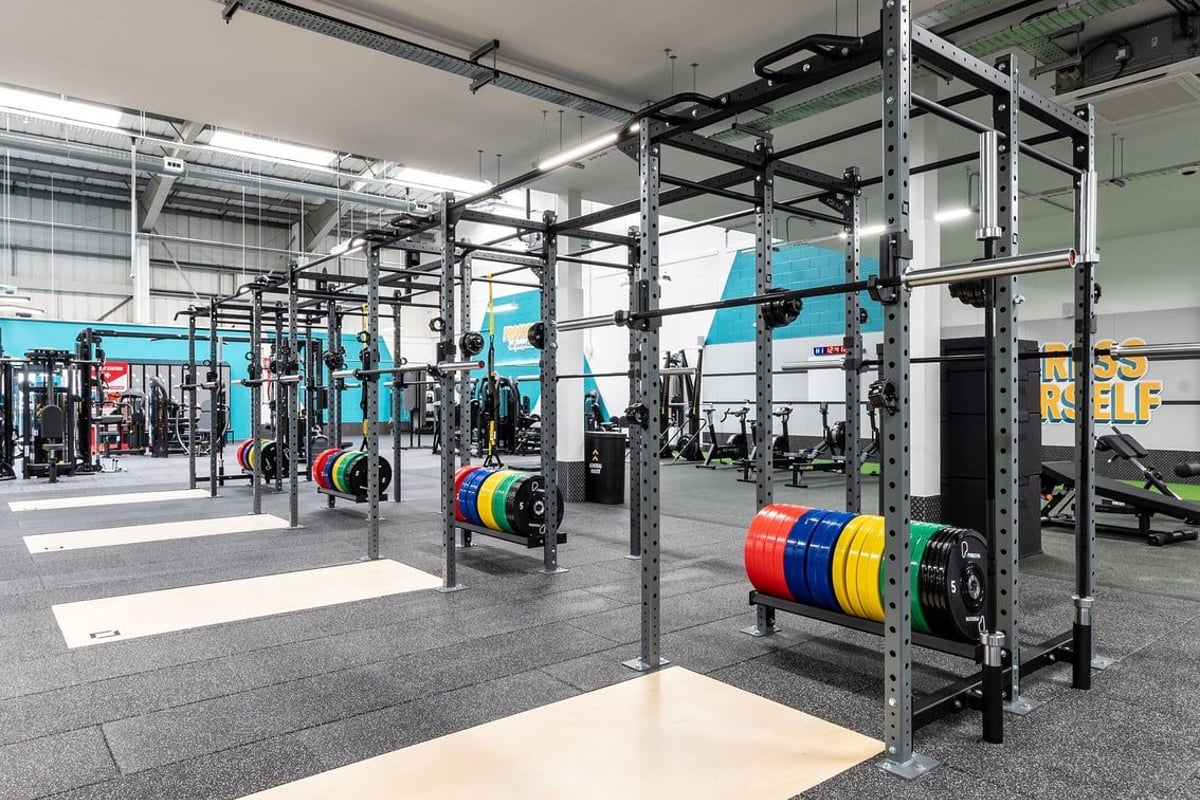 PureGym Dagenham: Racks for weightlifting, weight plates of varying colours, and rubberized flooring.