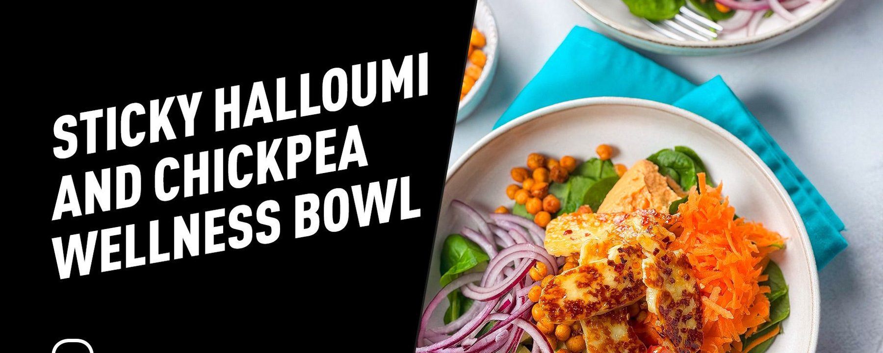 Bowls of halloumi, chickpeas, spinach, grated carrot, tomato, avocado