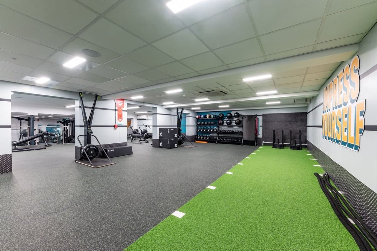 PureGym London Muswell Hill: Weight racks, resistance machines, turf area, and rubberised flooring in a gym studio space.