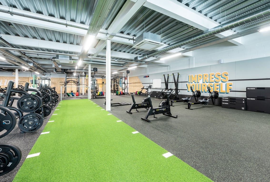 PureGym Cheshunt Brookfield Shopping Park: Free weights, resistance machines, green turf area, and weight racks.