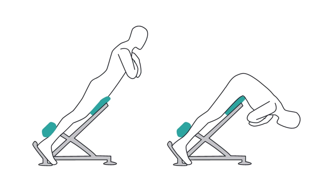 Person performing back extension exercise on a Roman chair bench in two positions