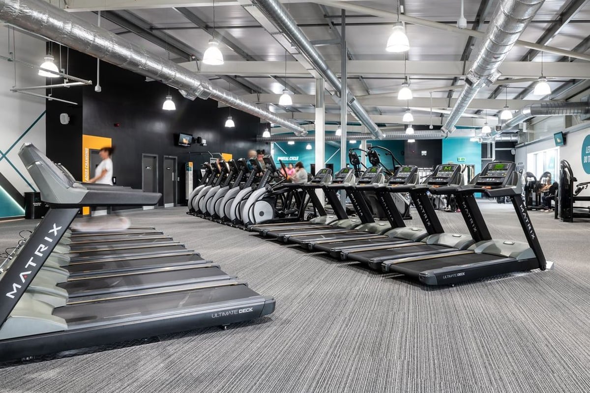 PureGym Portsmouth North Harbour: Rows of treadmills and elliptical trainers in a well-lit gymnasium interior.