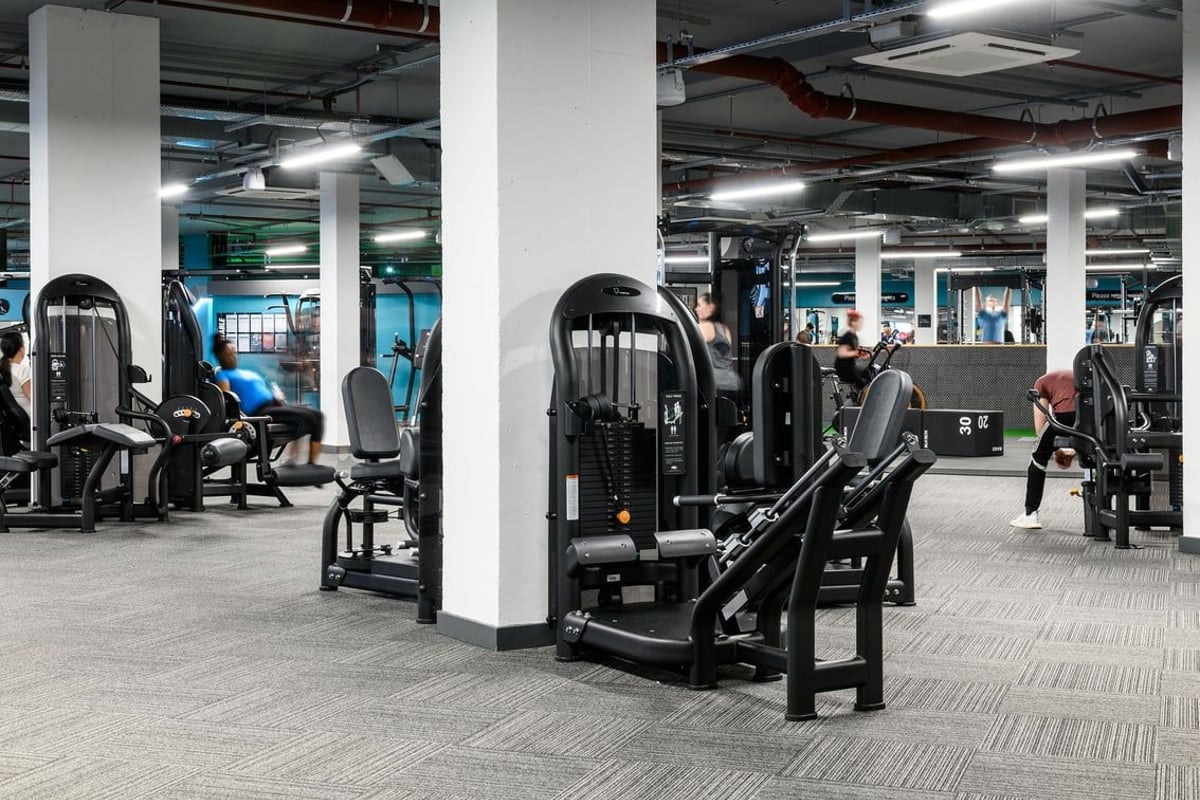 PureGym Basildon: Rows of exercise machines, benches, and weightlifting equipment in a gym setting.