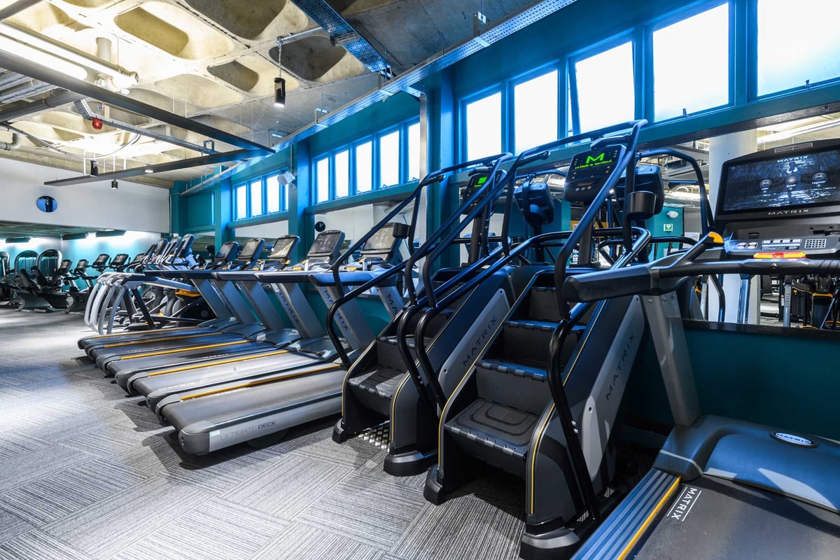 PureGym London Farringdon: Rows of treadmills and other aerobic machines in a modern gym facility.