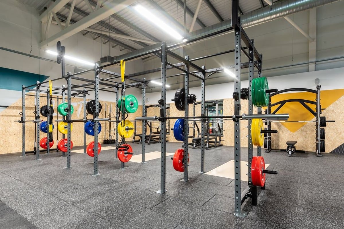 PureGym Barnsley: Rig with weight plates in varied colours, bars, squat racks, and rubber flooring.